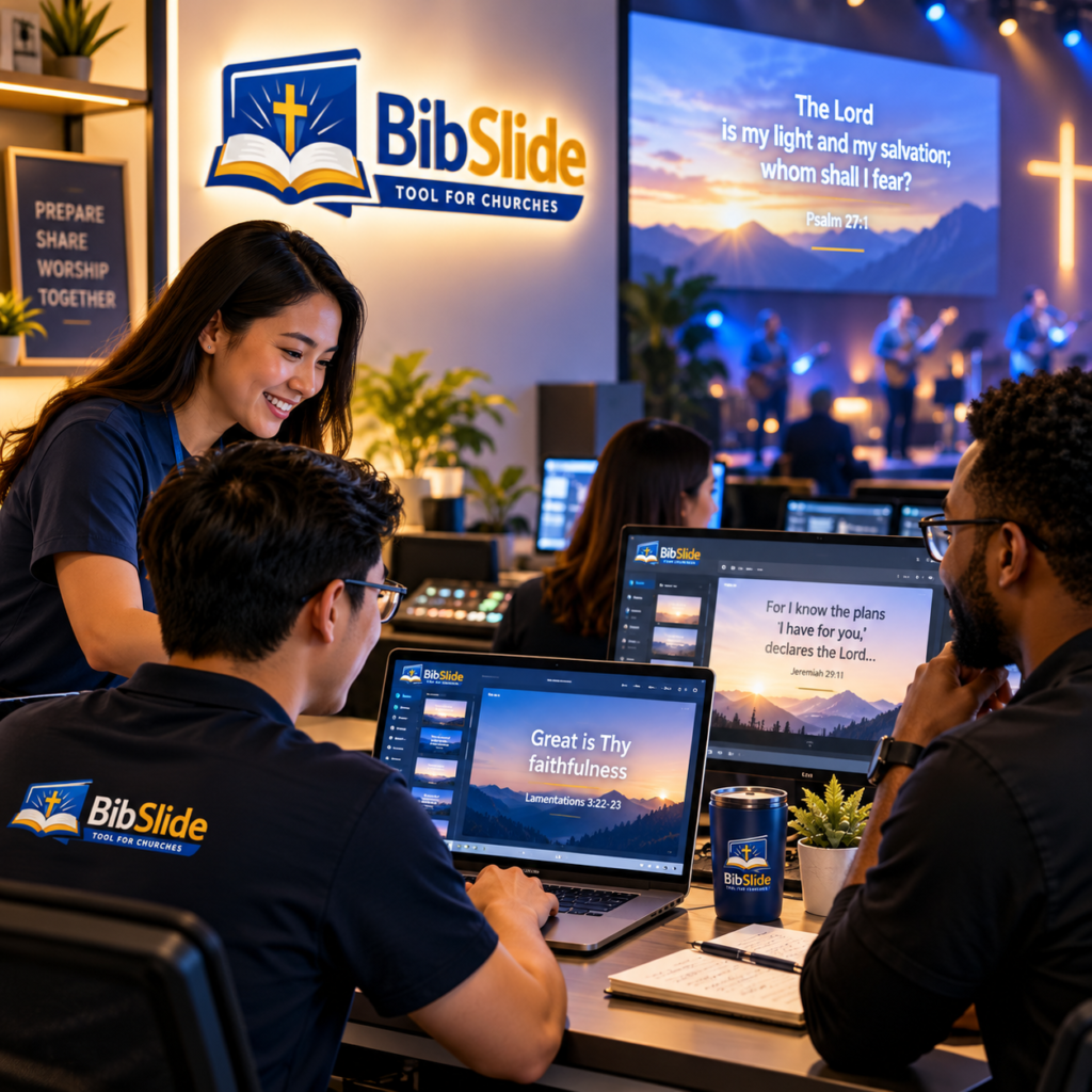 A church media team preparing Scripture slides with BibleSlide on laptops while worship is projected on stage.