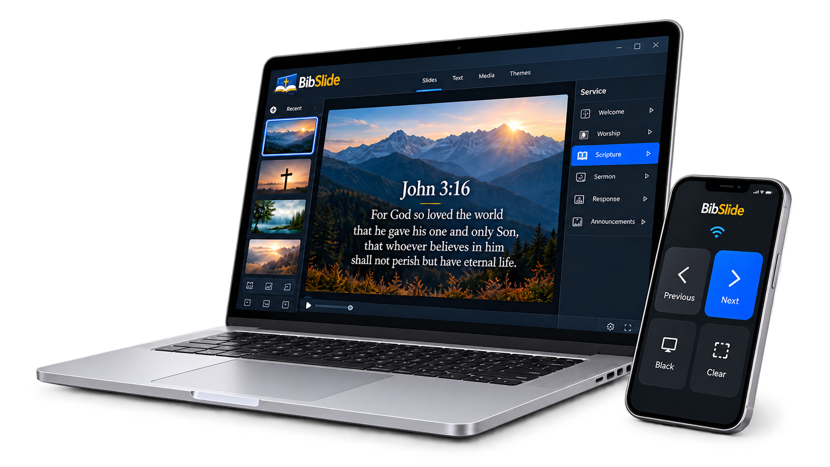 BibleSlide on a laptop showing John 3:16, with the phone remote beside it