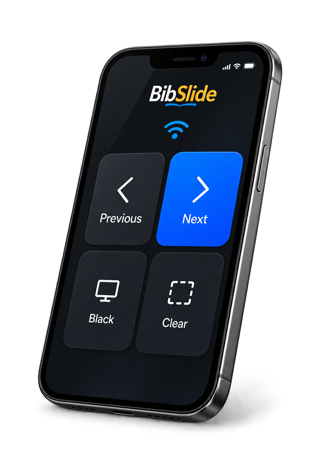 Phone showing the BibleSlide remote with Previous, Next, Black and Clear buttons